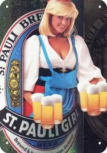 1p,1985 ST. PAULI GIRL BEER &Sexy Busty Blonde Dirndl DECORATIVE REPLICA METAL SIGN
