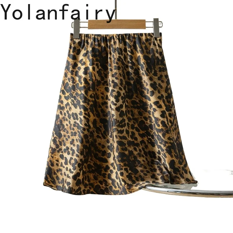 

Юбки YOLANFAIRY из 93% шелка тутового шелкопряда для женщин, летние винтажные короткие юбки с леопардовым принтом, атласные юбки с эластичной талией в корейском стиле, коллекция 2026 года