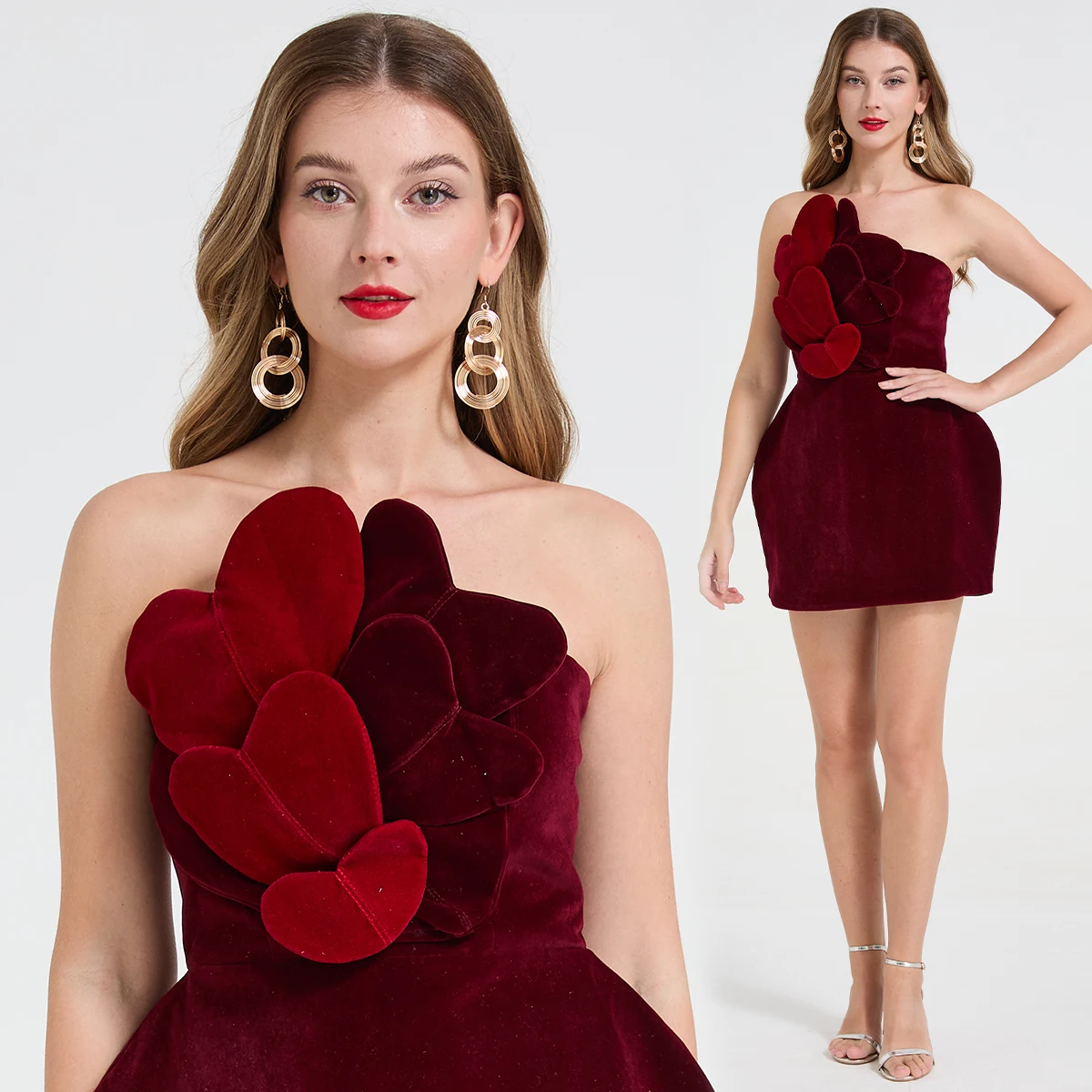 French High-end Luxury Fashion Evening Gown Women's 3D Heart Decoration Sleeveless Strapless Party Formal Dress Elegant Dresses