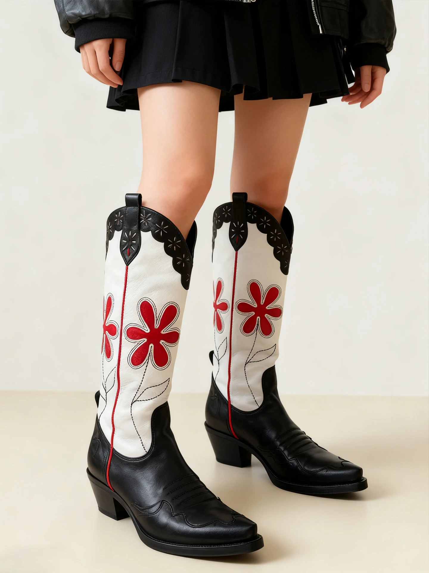 Retro Embroidered Flower Western Cowboy Boots Women's Fashion Heightening Shoes Spring 2026 Pointed Toe All-Match Leather