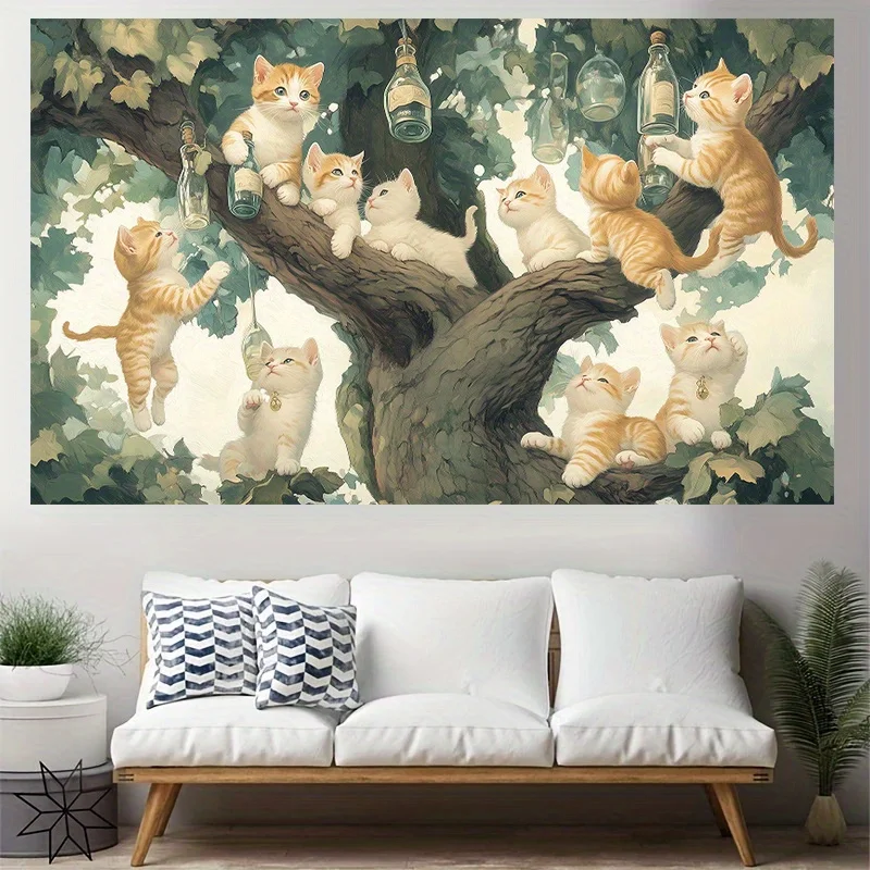 cat's wine bottle is on the tree Digital printing polyester wall tapestry suitable for use in living rooms bedrooms bars party
