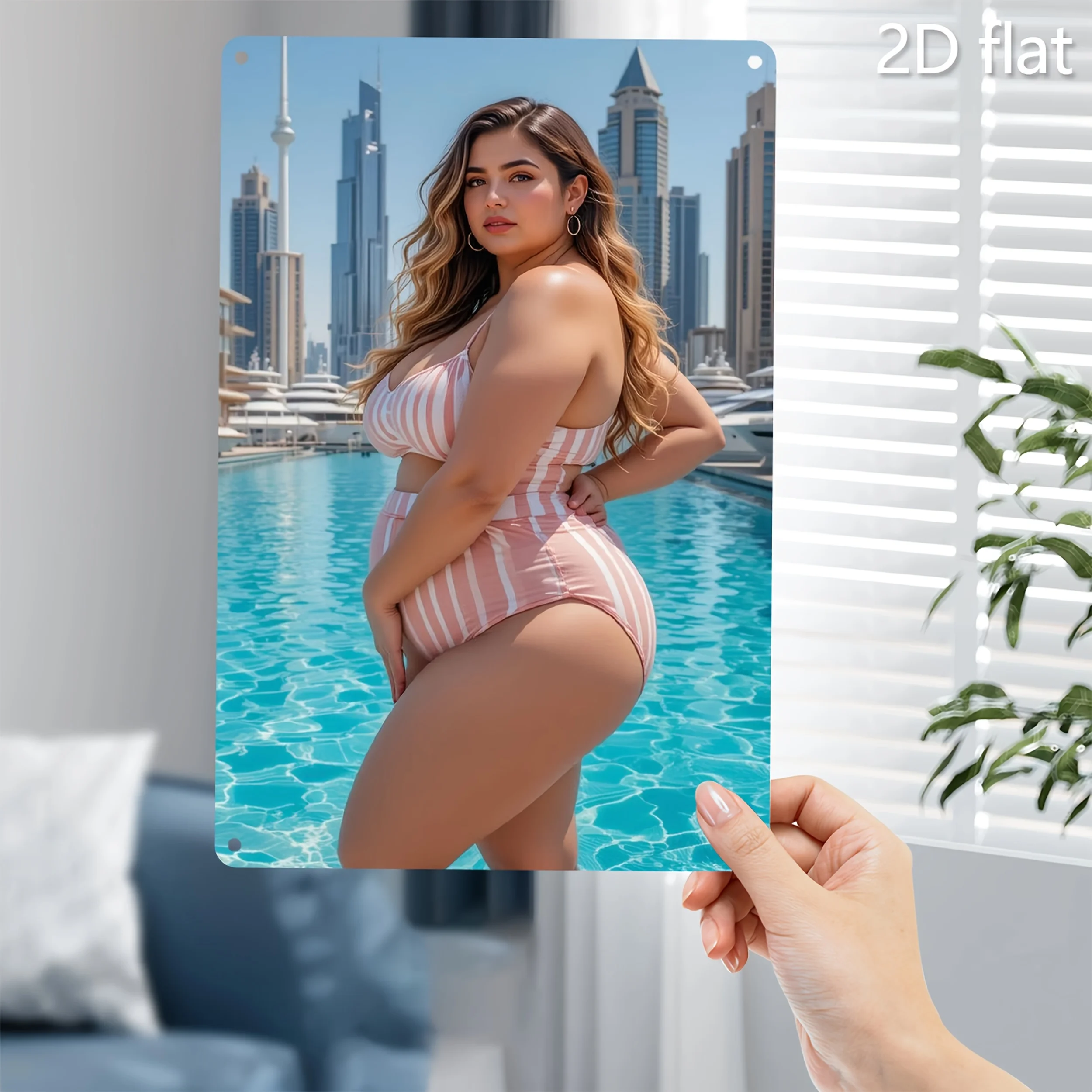 Elegant Blonde Girl by Pool 2D Metal Wall Art with Pre-drilled Holes, Weatherproof Printed Decor Sign, 7.87x11.8Inch for Indo