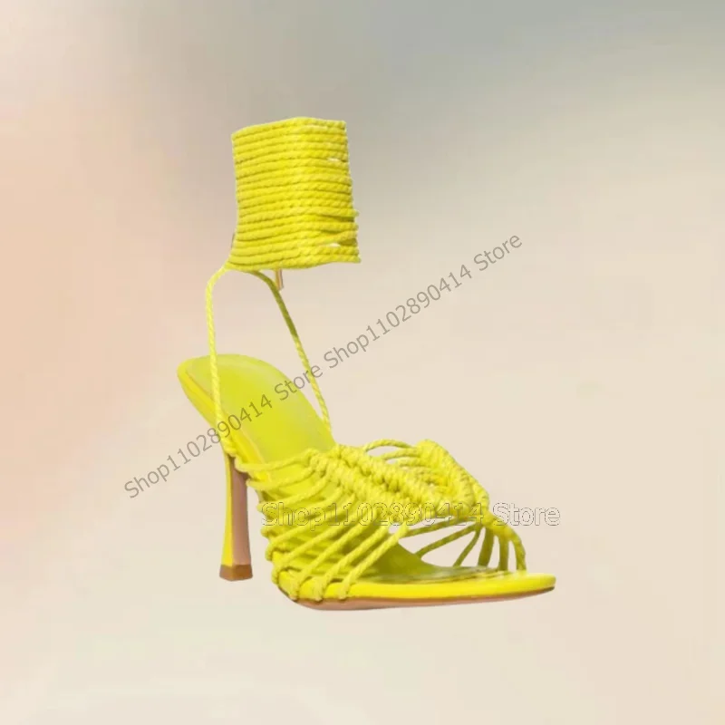 

Yellow Knitted Design Open Toe Twine Sandals Lace Up Women Shoes Thin High Heels Novel Fashion Banquet 2023 Zapatos Para Mujere