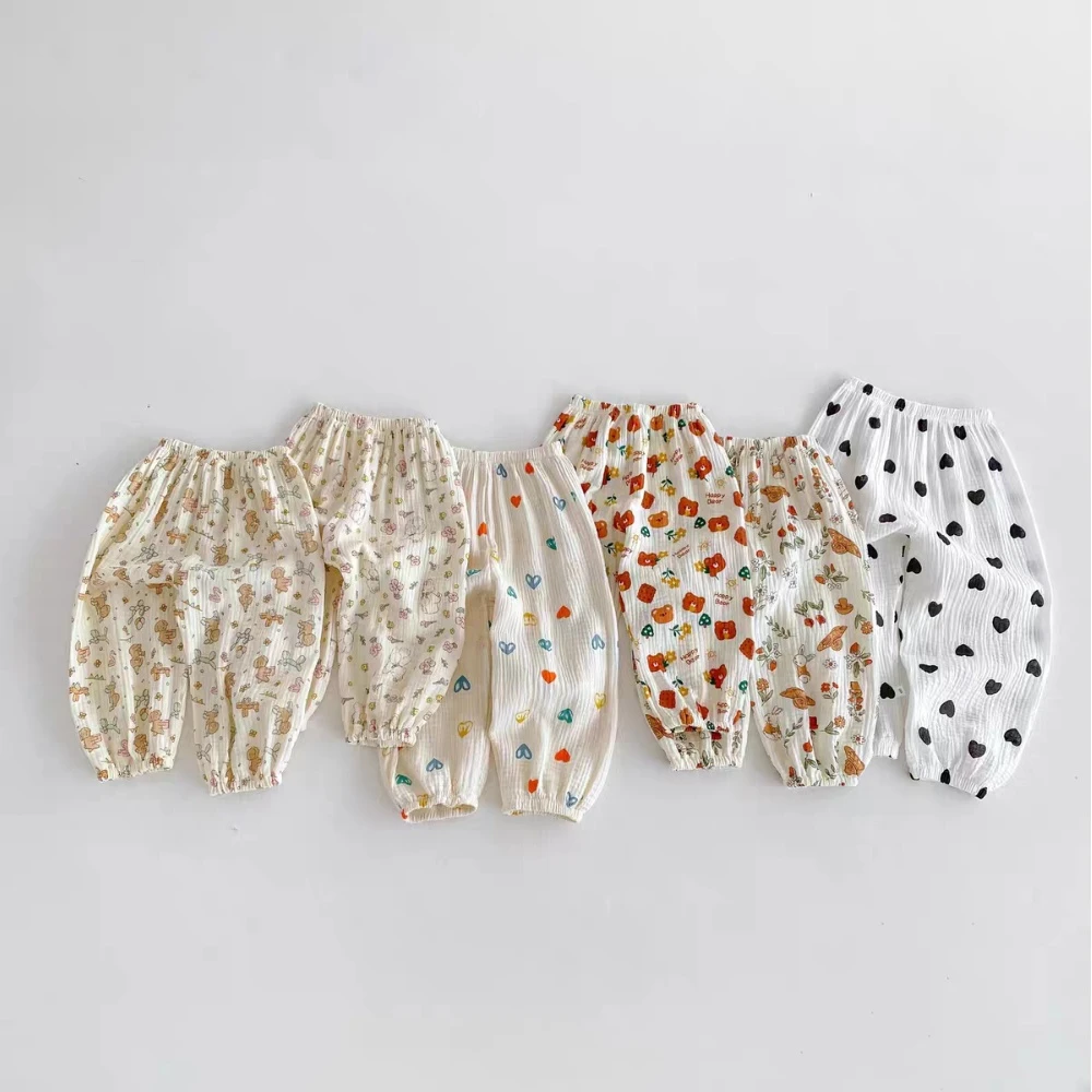 Children Assorted Print Gauze Pants Summer Casual Anti Mosquito Trousers Unisex Soft Breathable Fabric Baby Boys Girls Bottoms
