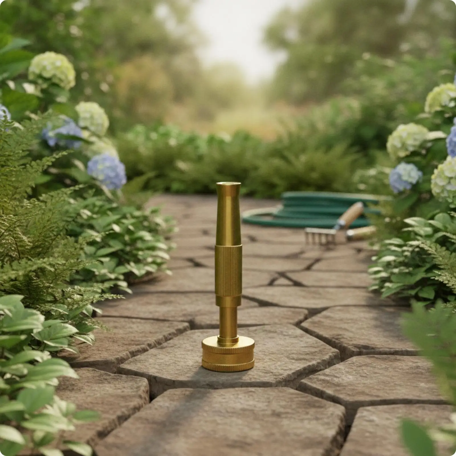 Adjustable Brass Garden Mister Nozzle 4-Inch American Thread, Knurled Grip, for Watering Flowers