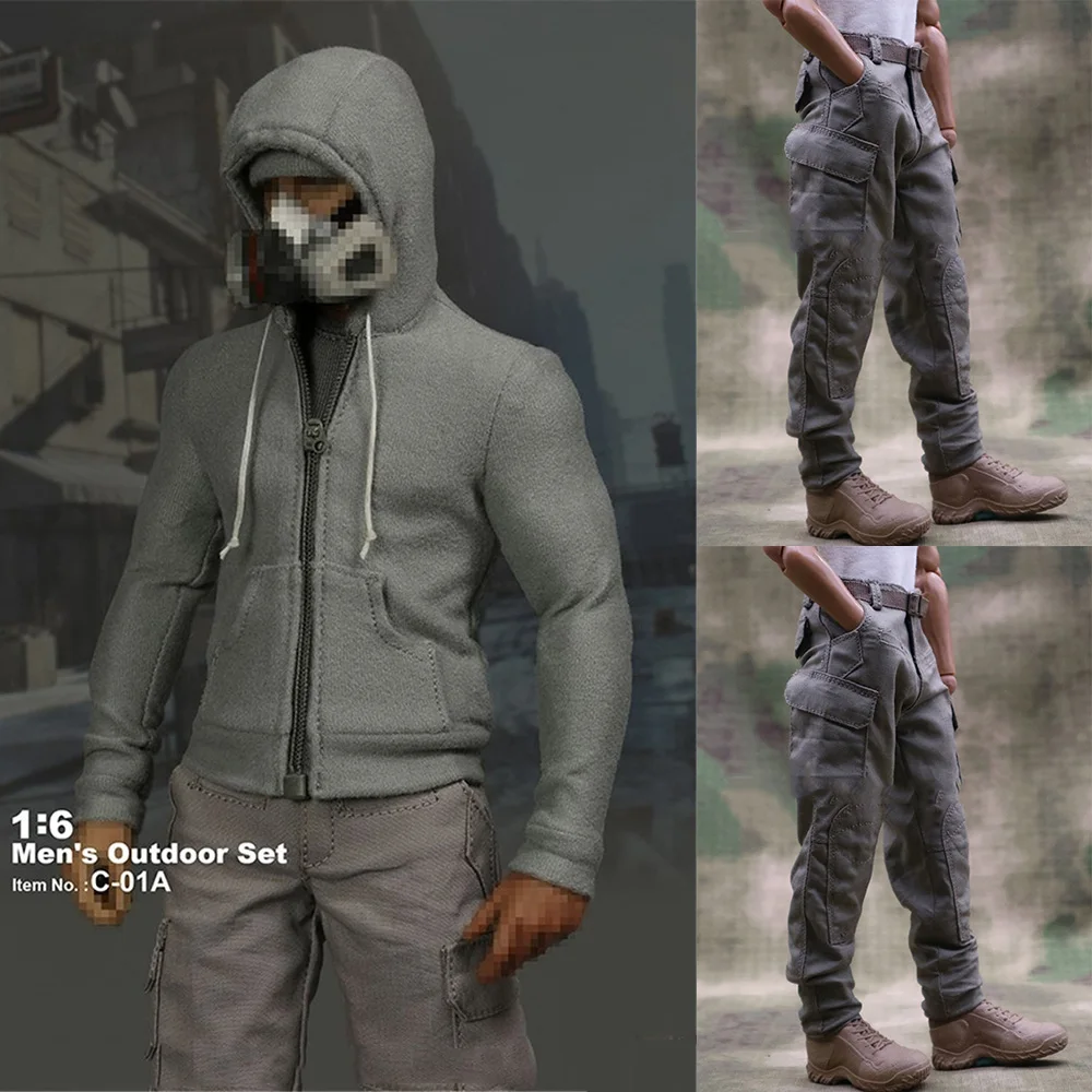 1/6 Male Military Outdoor Clothes Set Hoodie with Zip Combat Pants Tactical Trousers with Belt Accessory for 12'' Action Figure