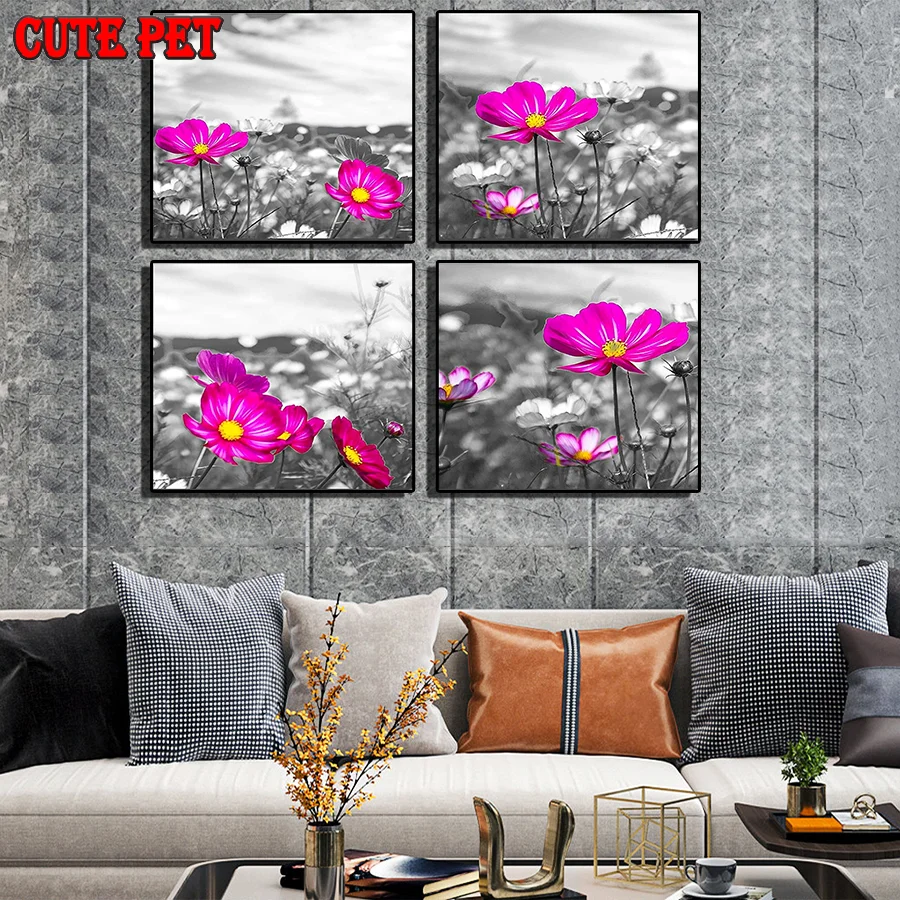 

Wildflowers 5D full Round square Diamond Painting Purple pink flowers Mosaic DIY Cross Stitch Kit Diamonds Embroidery 4PCS