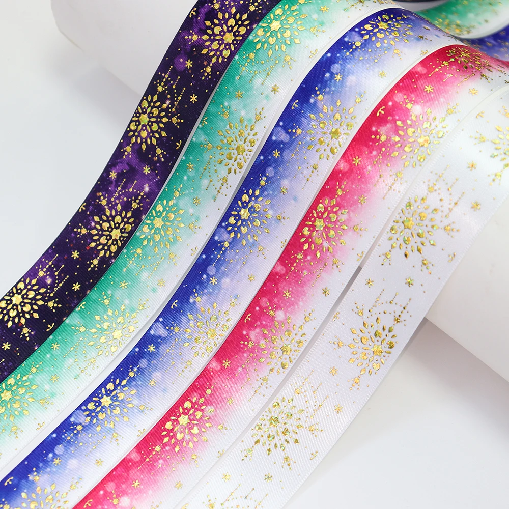 1'' 25mm Laser Gold Foil Snowflake Printed Satin Ribbon For Party Decoration Christmas Gift Packaging DIY Sewing Accessories