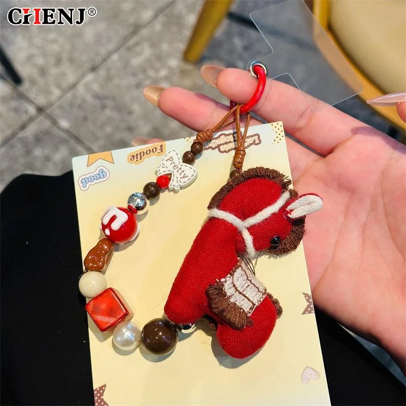 

Cute Plush Horse Pony Phone Case Chain Keychain Bag Pendant Girl Ccd Camera Charm Accessories Keyring Anti-Lost Hand Rope Gifts