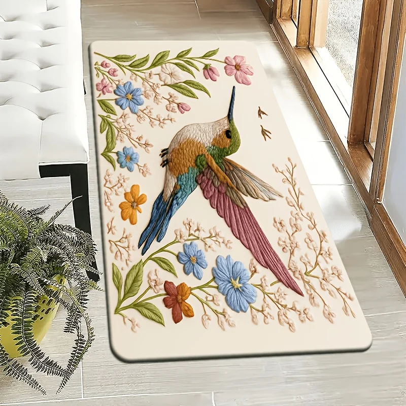 2D Flat Printing Polyester Material Door Mat, Fun Welcome Mat | Hummingbird Soaring in Flowers, Surrounded by Pink Blue Flower
