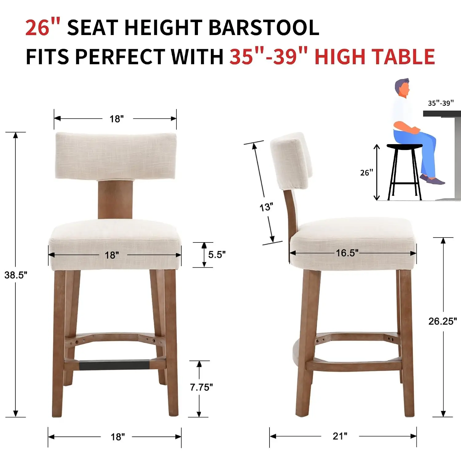 26” Counter Stools Set of 3 Counter Height Bar Stools Modern Kitchen Bar Stools with Back and Solid Wood Legs,, Customized