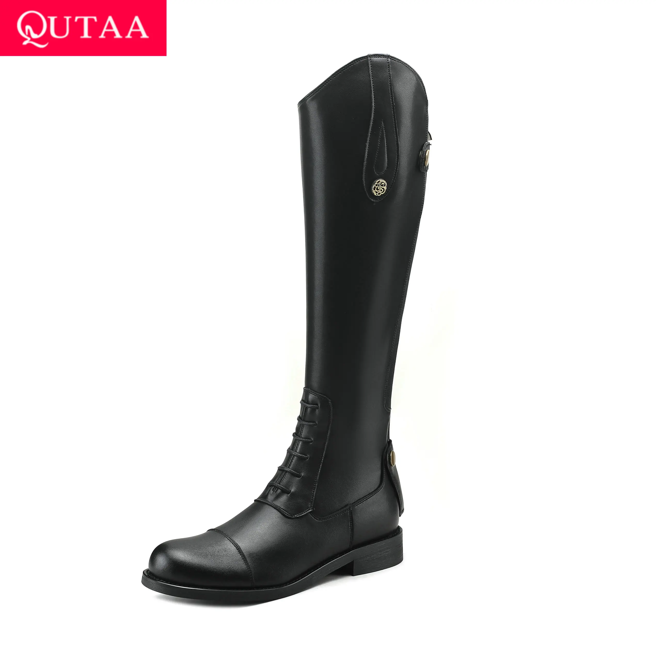

QUTAA 2026 Winter Women Knee High Boots Pointed Toe Fashion Woman Shoes Low Heels Cow Leather Motorcycle Long Boots Black 34-43