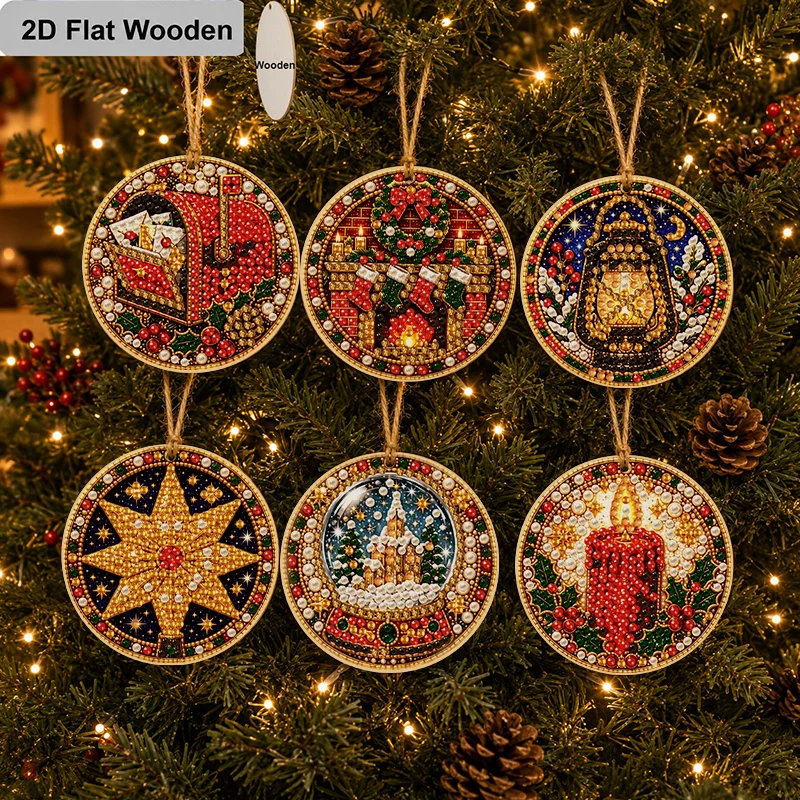 2D Flat 6Pcs DIY Diamond Painting Kit, Wooden Christmas Diamond Art Hanging Ornament, Round Bethlehem Star Night Sky Printed