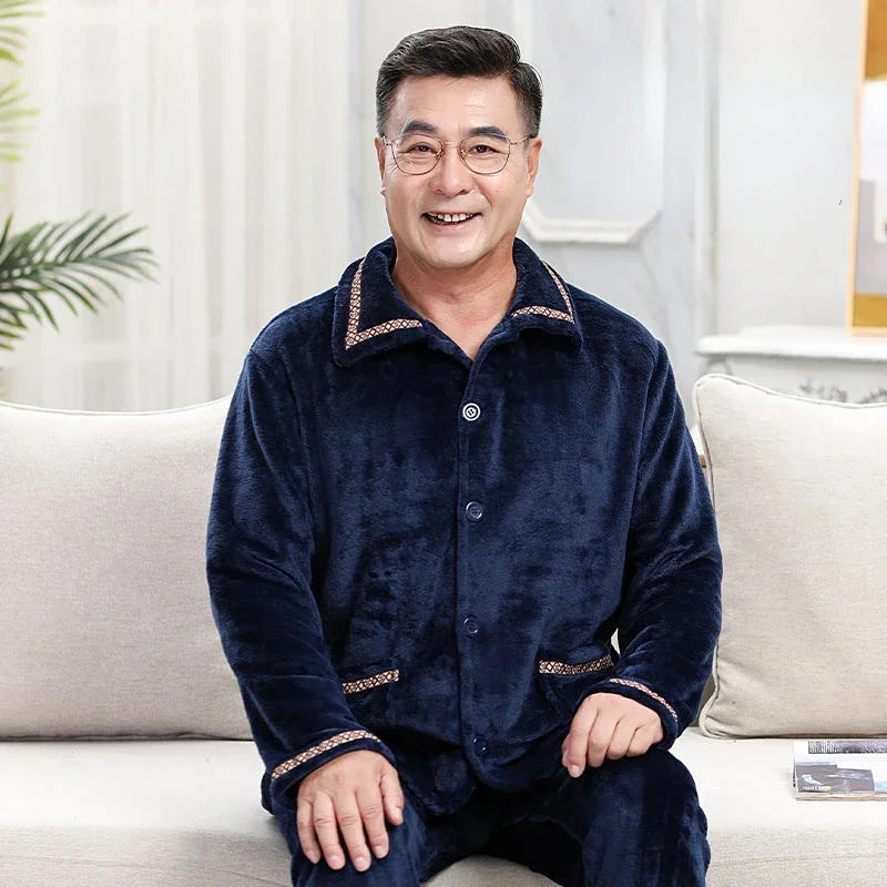Middle Age Elderly Sleepwear Men's Coral Velvet Pajamas Thick Plush Autumn Winter Oversize Father's Flannel Home Clothing Set
