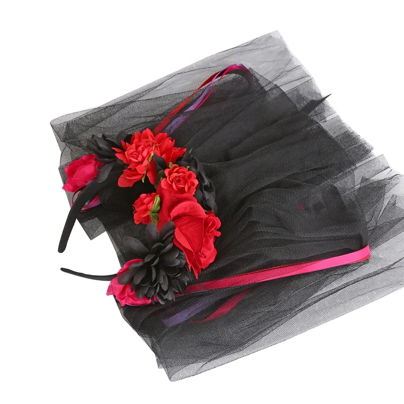 새로운 할로윈 파티 리본 헤어밴드 시뮬레이션 꽃 장미 블랙 롱 메쉬 리본 여성용