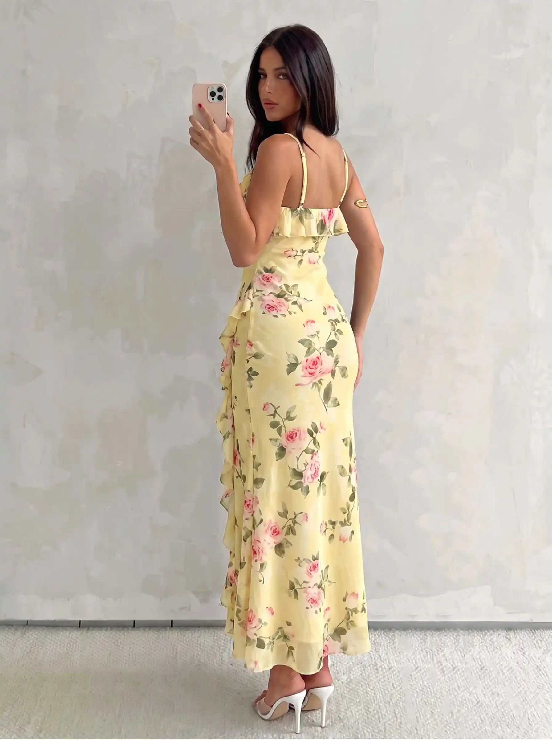 Damen Aquarell-Rosen-Print Cami-Kleid mit Rüschen, Chiffon-Midikleid, Spaghettiträger, fließendes Kleid für Urlaub, Strandparty, Ferien – Detail 4