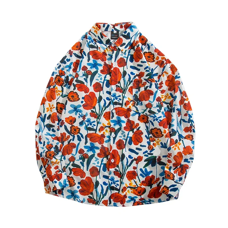 Spring Autumn Men's Retro Hawaiian Oil Painting Floral Shirt Loose Handsome Long Sleeve Sun Protection Flower Shirt Coat
