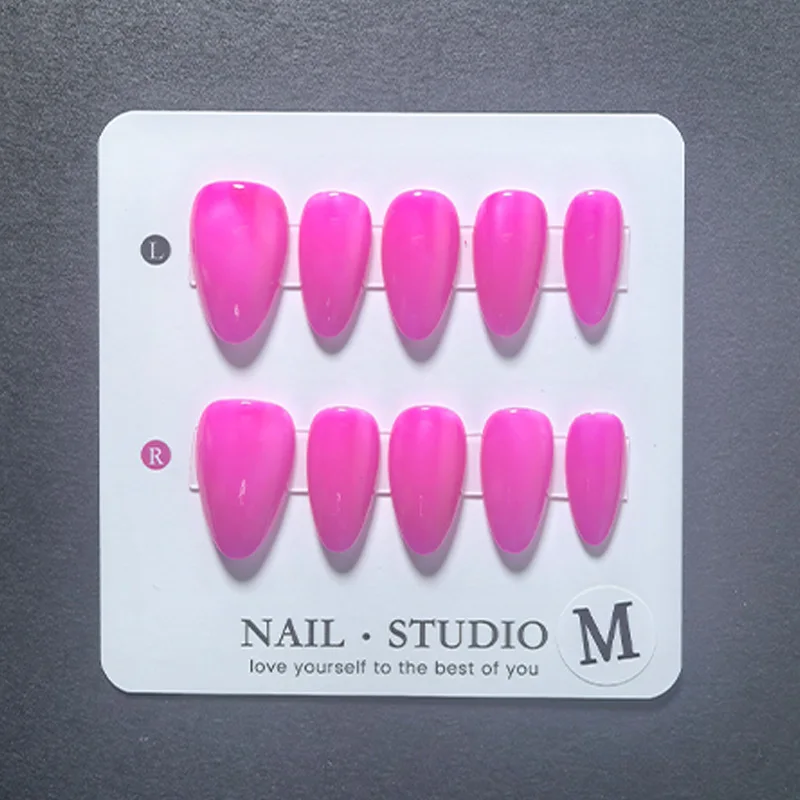 10pcs Almond Press on Nails Handmade Bright Summer Colors Orange Fuchsia Yellow Light Blue Red Acrylic False Nails Salon Look