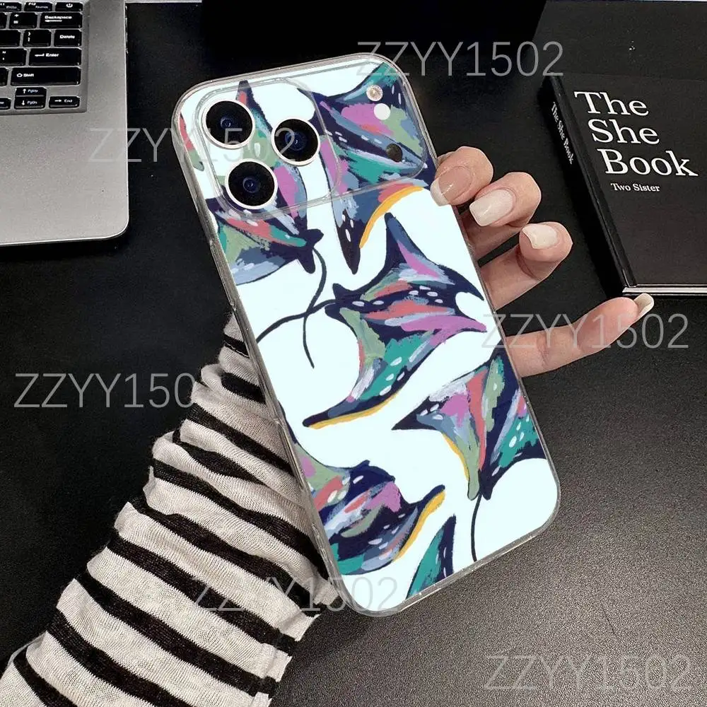 Oceano mar manta ray peixe caso de telefone para iphone 17,16,15,14,13,12,11 pro, max, plus, x,xs, xr, se4, e mini transparente macio