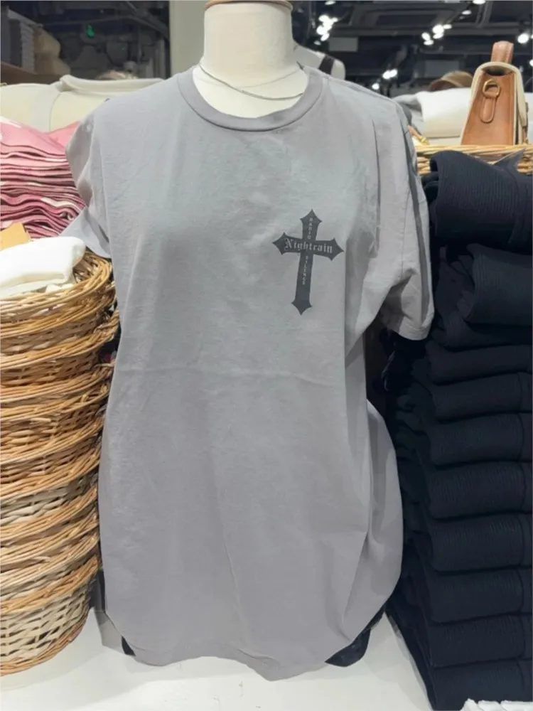 Cross Print Loose T-shirts Women Casual Streetwear Back Graphic Cotton O-neck Short Sleeve Tees Vintage Simple Tshirt Y2K New