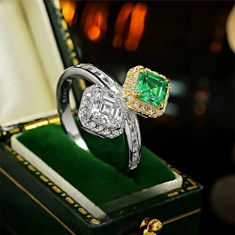 S925 Silver 5*5mm Asscher Cut Cultivated Emerald Ring Two-tone Plating Halo Zircon Band Vintage Square Gemstone Statement Ring