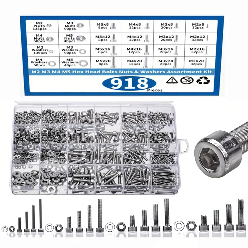 918pcs Nuts And Bolts Assortment Kit - M2, M3, M4, M5 Hex Head 304 Stainless Steel Bolts, Nuts, Flat Washers, And More
