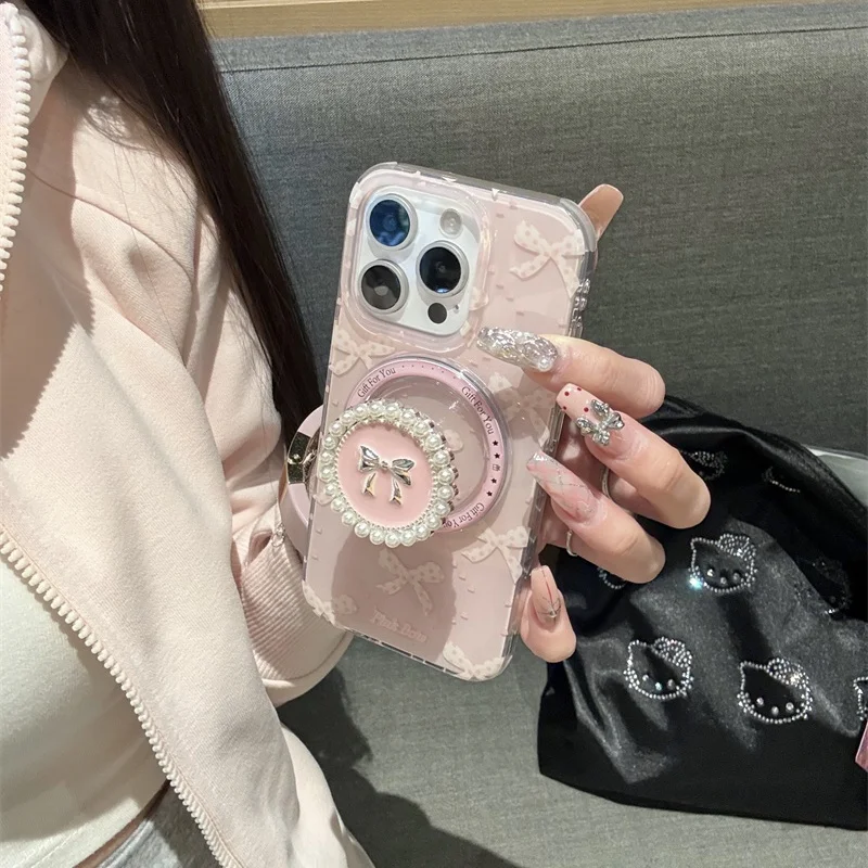 Side heart-shaped diamond grid bow magnetic bracket phone case For iPhone 12 13 14 15 16 pro max