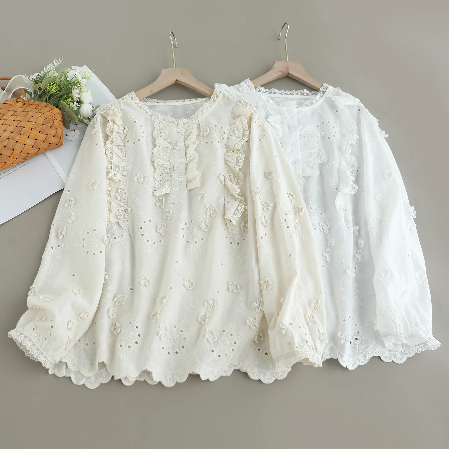 

Japanese Sweet Mori Girl Solid Color 3D Embroidery Cotton Shirts Women Autumn Stand Collar Long Sleeve Casual Loose Blouse Tops