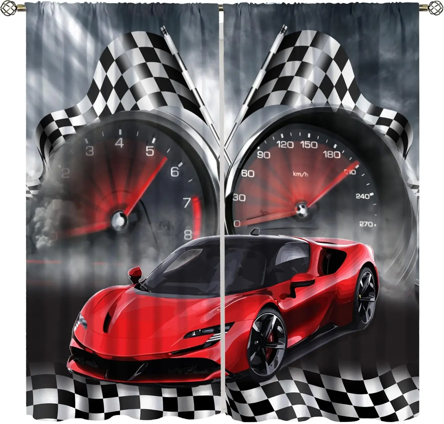 Cartoon Car Curtains,3D Cool Car Dashboard Racing Flag Red Sports Car Blackout Window Treatments, Thermally Insulated Rod Pocket