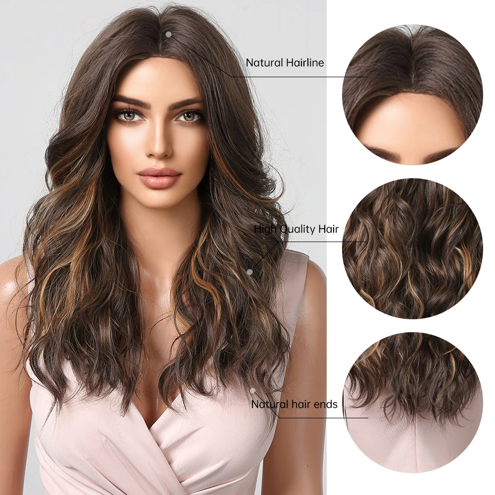 ALAN EATON Brown Highlight Wavy Synthetic Wigs for Women Long Curly Wig Natural Middle Part Hair for Daily Party Heat Resistant