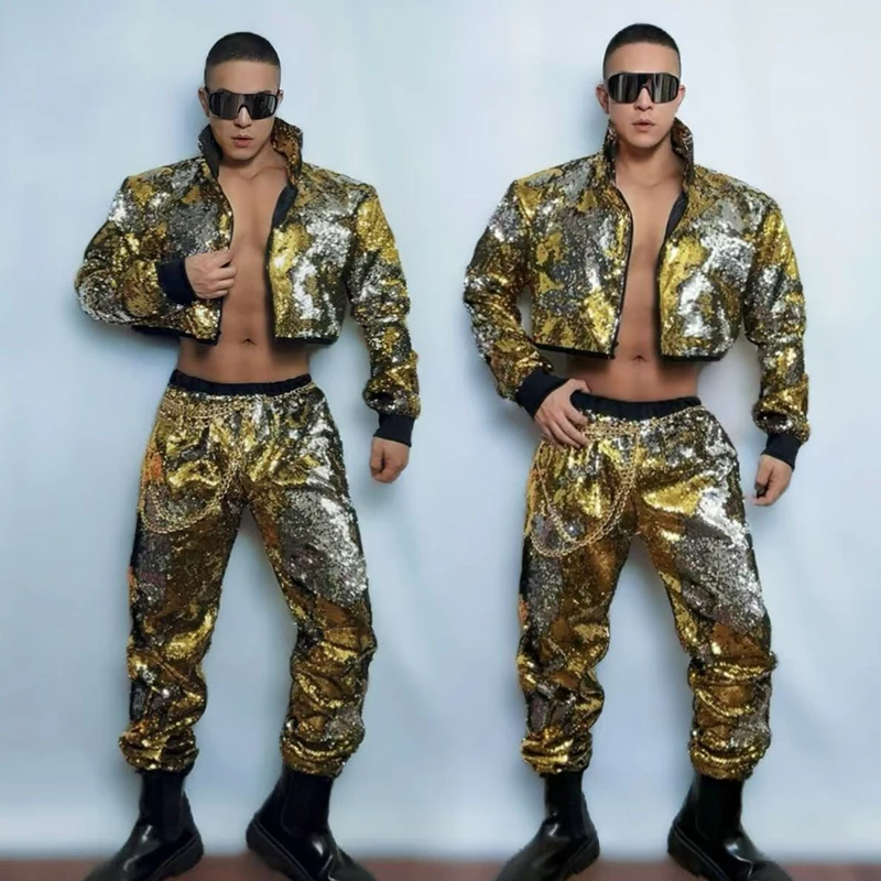 

Gogo Dance Men Outfit Adult Jazz Hip Hop Costume Gold Jacket Jogger Pants Male Nightclub Bar Ds Dj Clothes Party Rave Wear yj389