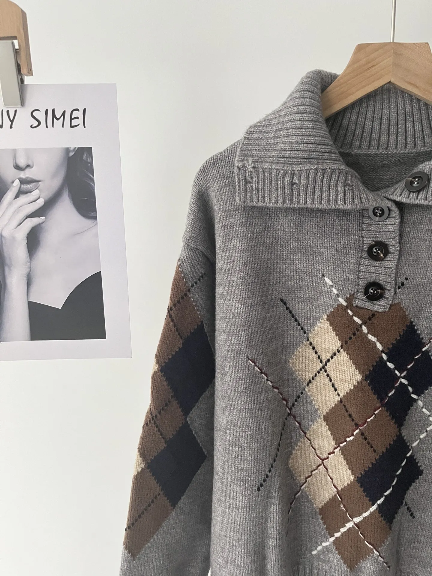 College style retro color matching rhombus lapel pullover temperament sweater women's autumn 67b-1732