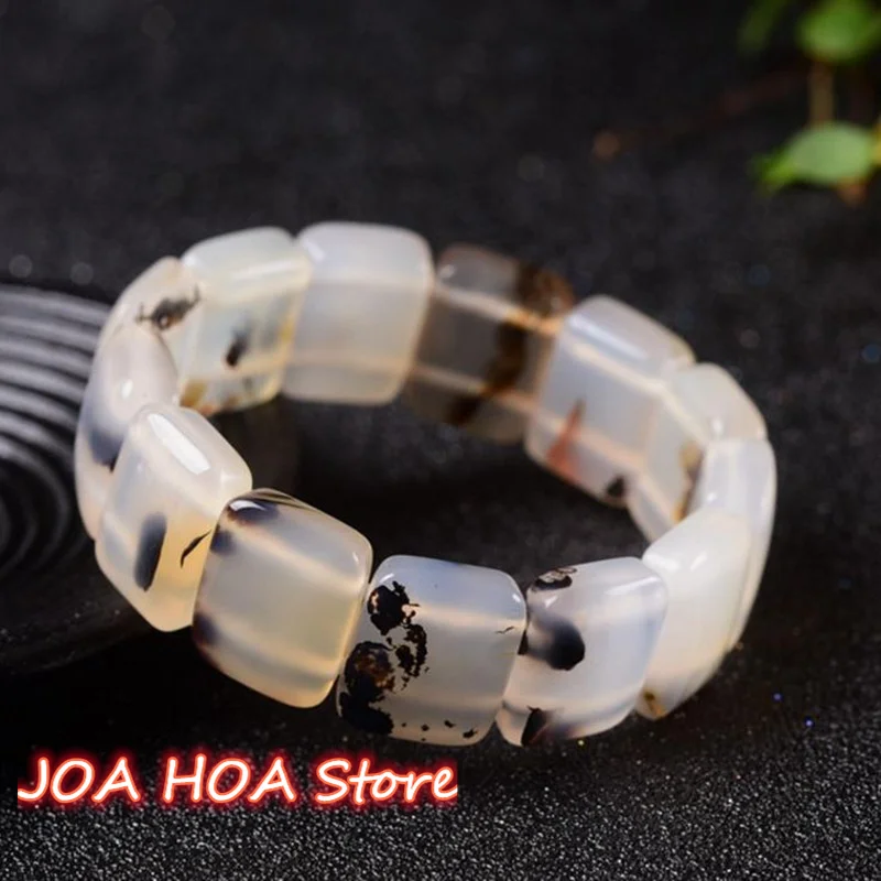 

Ocean Agate Men Women Hand Row Bracelet Chalcedony Natural Jade Bangle Grass Flower Black White Landscape Ink Handring