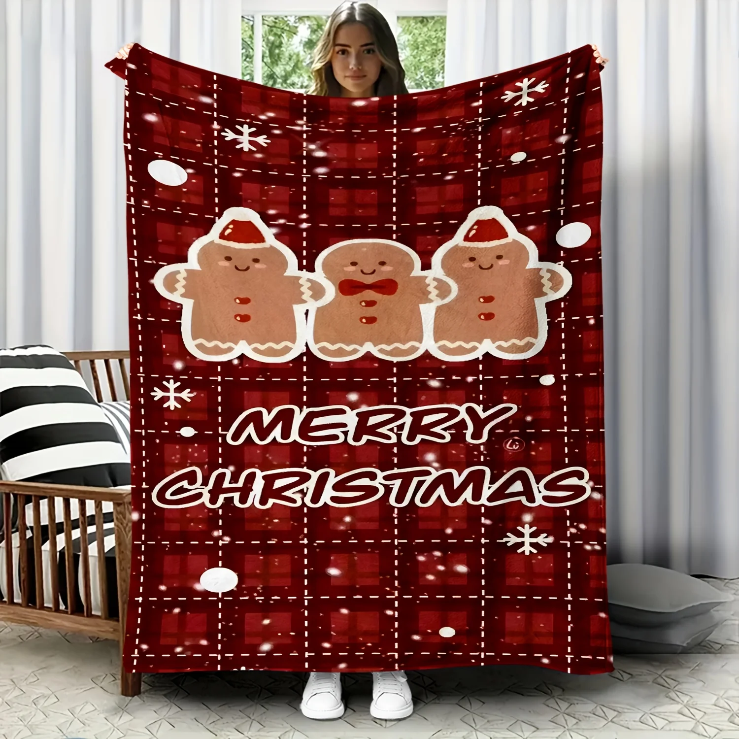 Merry Christmas Gingerbread Flannel Blanket, Red Plaid Snow Holiday Art Throw for Living Room Bedroom & Warm Holiday Gift Picks