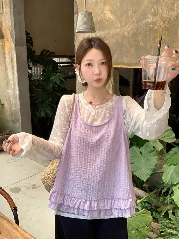 

Комплект для полных женщин: летний топ-халтер с фиолетовым кружевом и шорты, корейский свободный крой, весна-лето