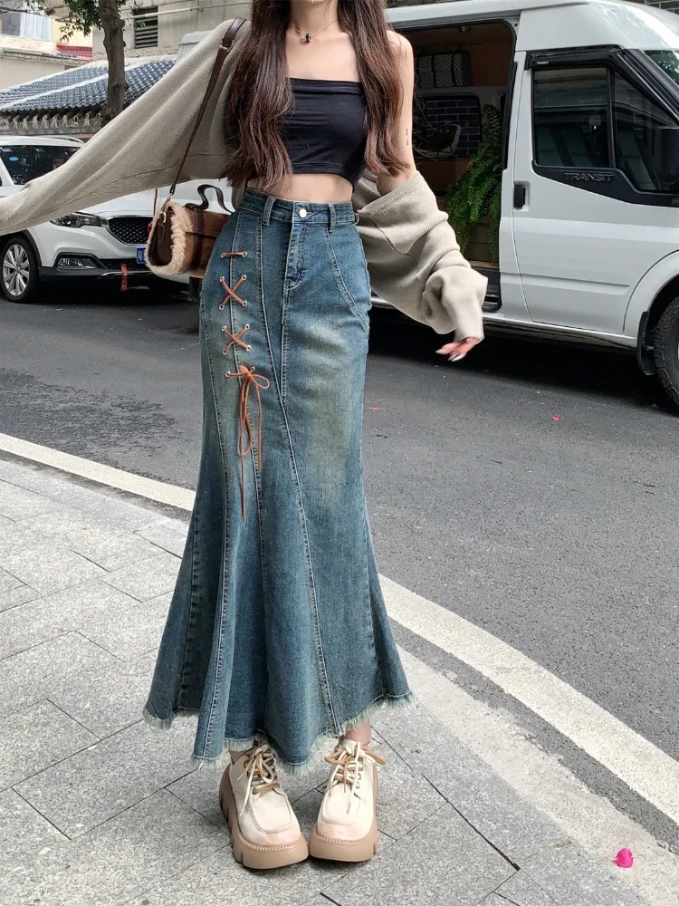

Gyaru High Waist Female Jeans Skirts with Strings New in Y2k Vintage V Streetwear Korean Fashion Style Cheap Women's Denim Skirt