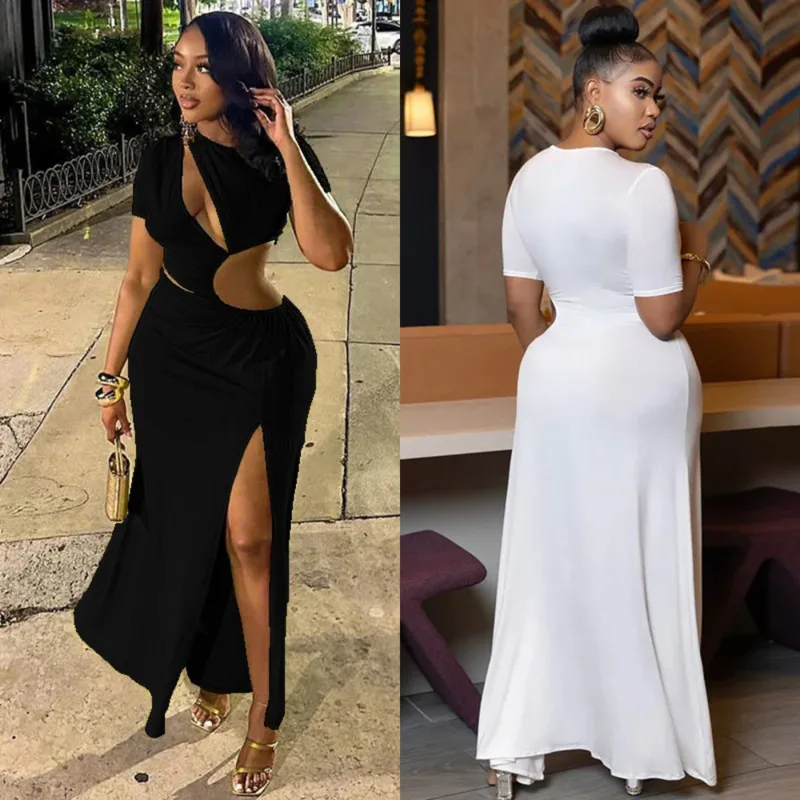 

Elegant White Bodycon Maxi Dress For Women Cut Out O-Neck High Slit Design Ruched Waist Sexy Slim Fit Evening Club Outfit 2025