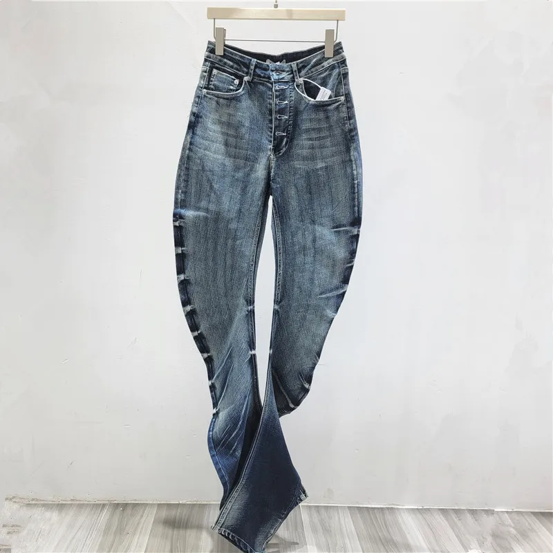 

Джинсы женские в американском стиле, дизайнерские, рваные, с эффектом потертости, с объемными ушками кошки, с вырезами-косами, высокоэластичные, матовые, синие, уличный стиль
