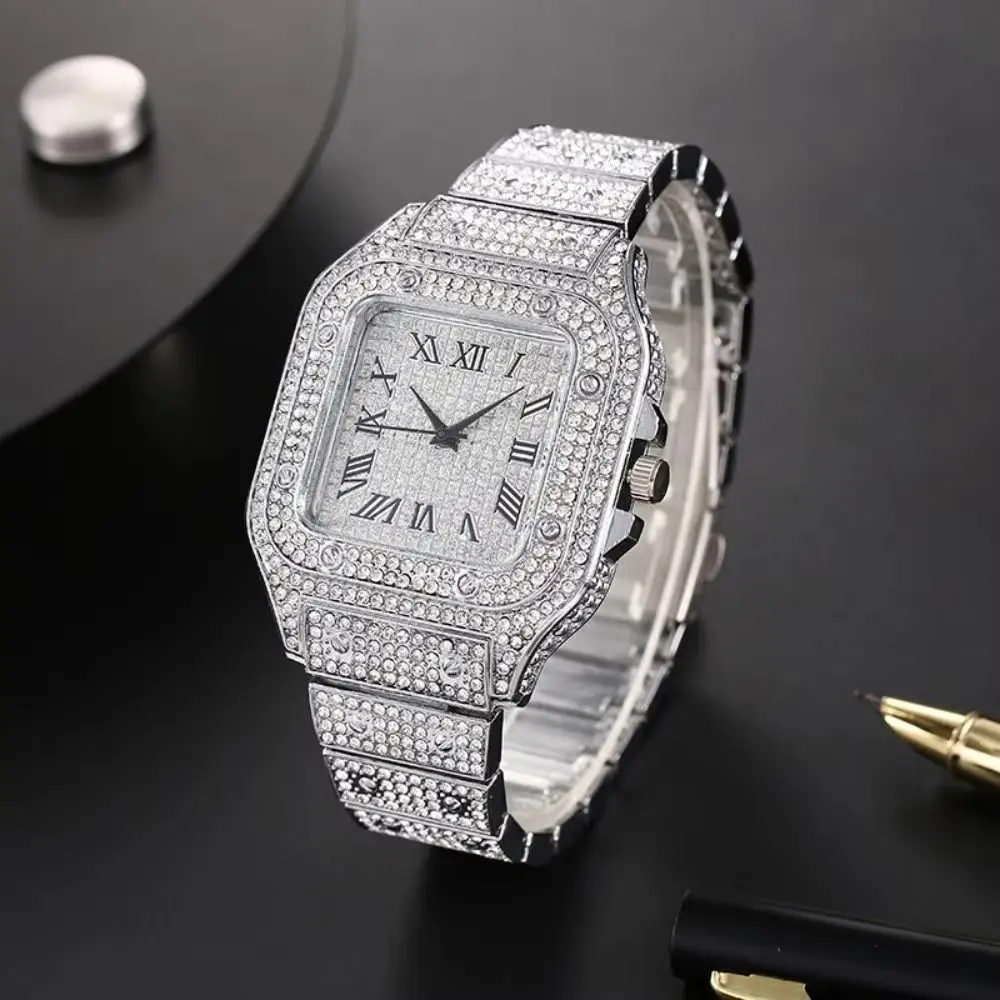 Waterproof Classic Luxury Business Watch Steel Strap Square Quartz Wristwatch Rhinestone Roman Scale Men Watch Luxury Accessory