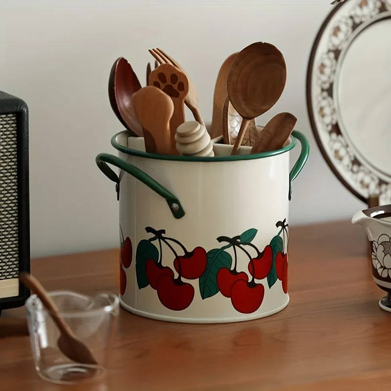 Vintage Cherry Tableware Bucket  Household Kitchen Chopsticks Cage Knife And Fork Storage Bucket Creative