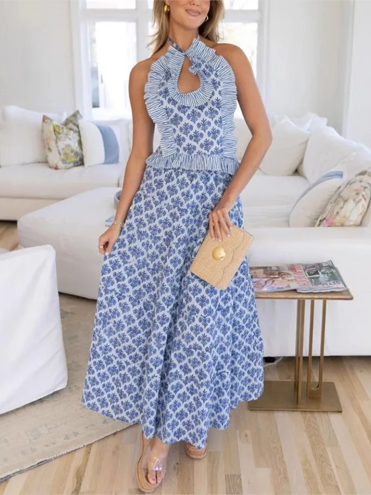 

Women's Elegant Blue Flower Print Long Dress Two Piece Set Sexy Backless Halter Top Maxi Dress suit Casual Holiday Ladies Sets