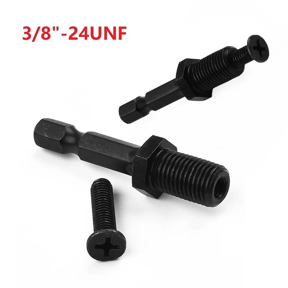 Adaptador de acero de vástago hexagonal 1/4 a tornillo de rosca macho de 3/8 pulgadas-24UNF para brocas, mandril negro sin llave, acero de bloqueo