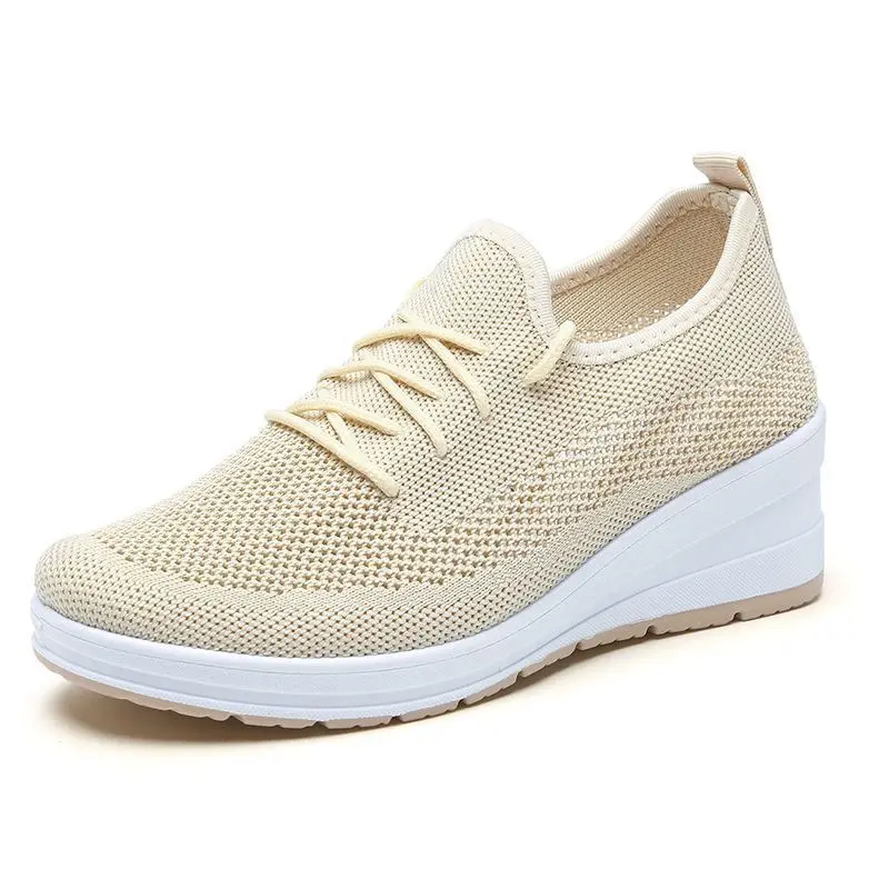 Women Hollow Mesh Wedge Sneakers Height Increasing Slope Thick Sole Lightweight Lace Up Breathable Daily Walking Casual Shoes