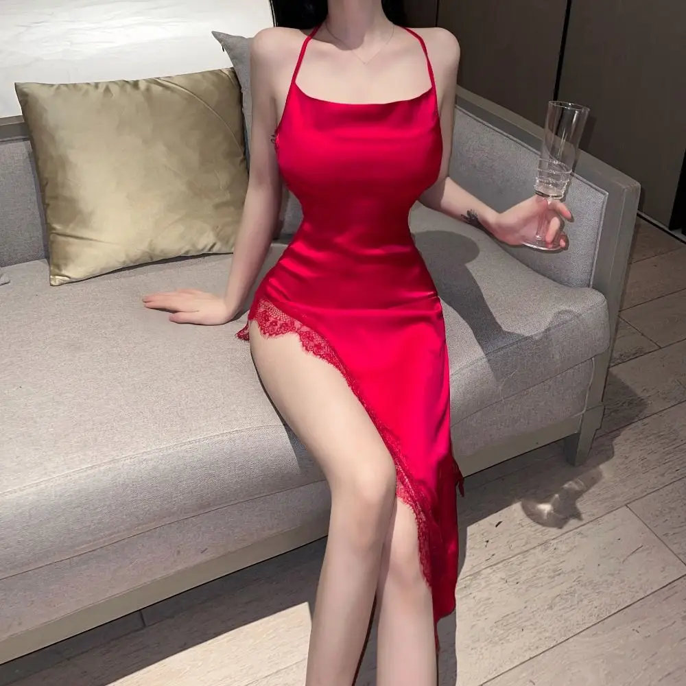 Comfortable Split Women Nightgown V Neck Beauty-back Satin Silk Nightdress Spaghetti Strap Irregular Female Sleepwear Lady