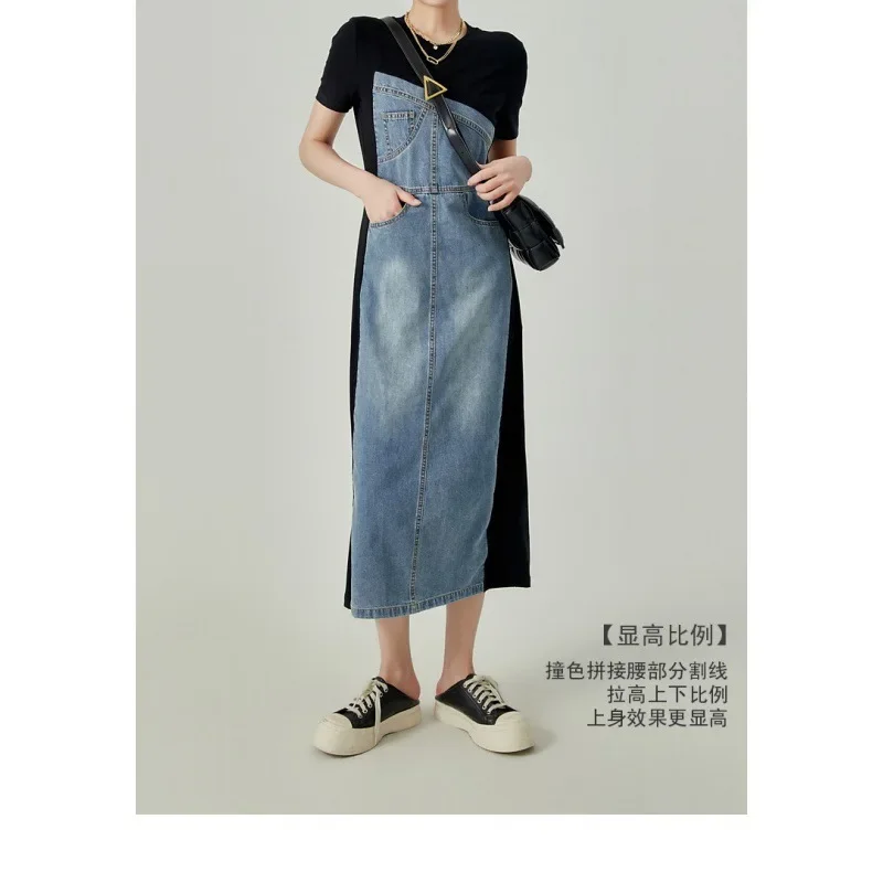 Women Dress Denim Long Dresses Round Neck Short Sleeve Elegant Splice Autumn Tight Waist Casual Temperament Vestidos 2024