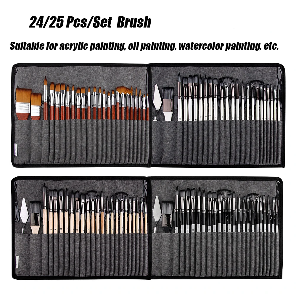 24/25 Pcs Paint Brush Set Enhanced Synthetic Brush Set with Cloth Roll and Palette Knife for Acrylic Oil Watercolor and Gouache