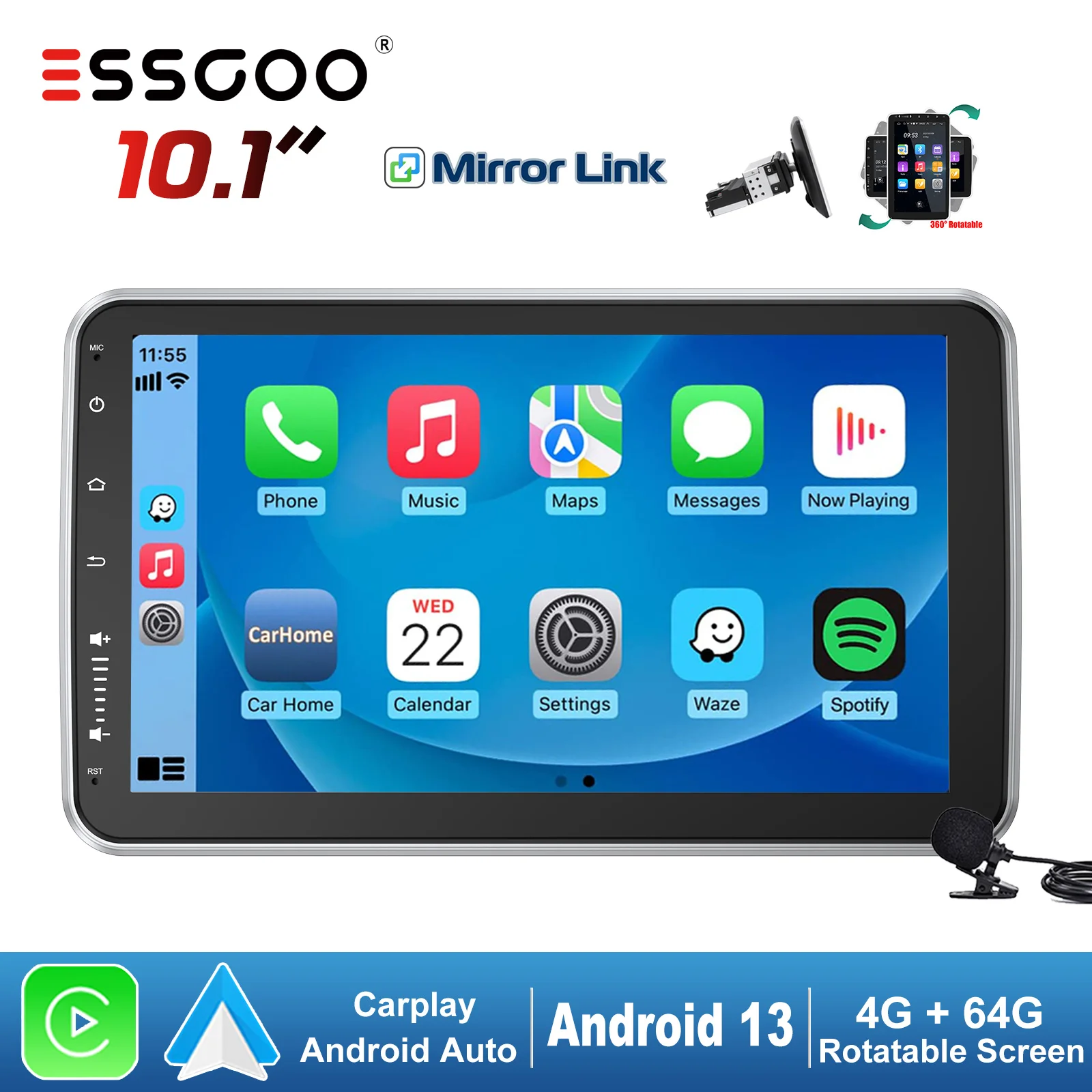 ESSGOO Single 1 DIN Rotatable 10.1 Inch Android 13 Auto 4+64G Car Stereo Radio Carplay GPS NAV Wifi FM RDS Microphone