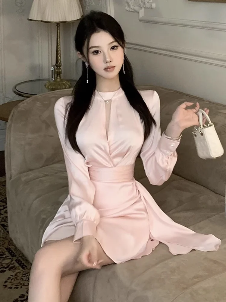 Ele Pink Long Sve round Ne Hollow out A-Line Dr Faionable Slimming White Enhancing Gentle Girl Pure Color Dr