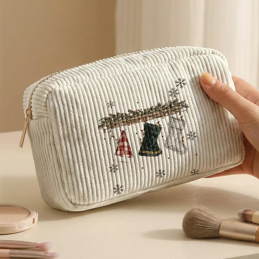 Vintage Christmas Cosmetic Bag Corduroy Christmas Sock Snowflake Print Zipper Pouch Travel Makeup Storage Bag Christmas Gift