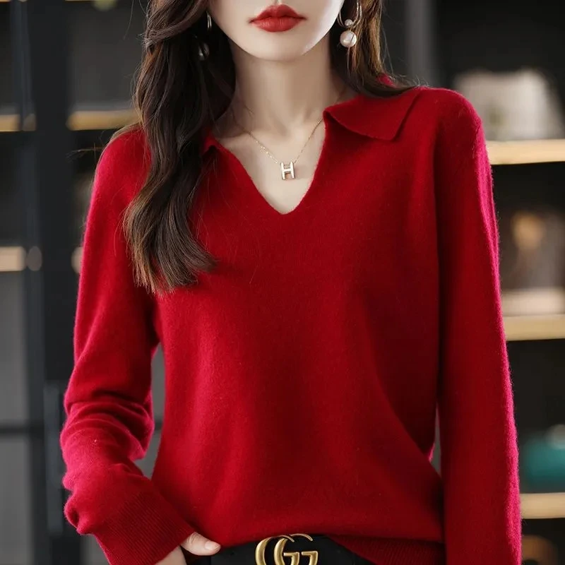 2022 New Lapel Polo Neck Knitted Bottoming Top Women\'s Autumn Winter Solid Color Base All Match Causal Sweater For Fashion